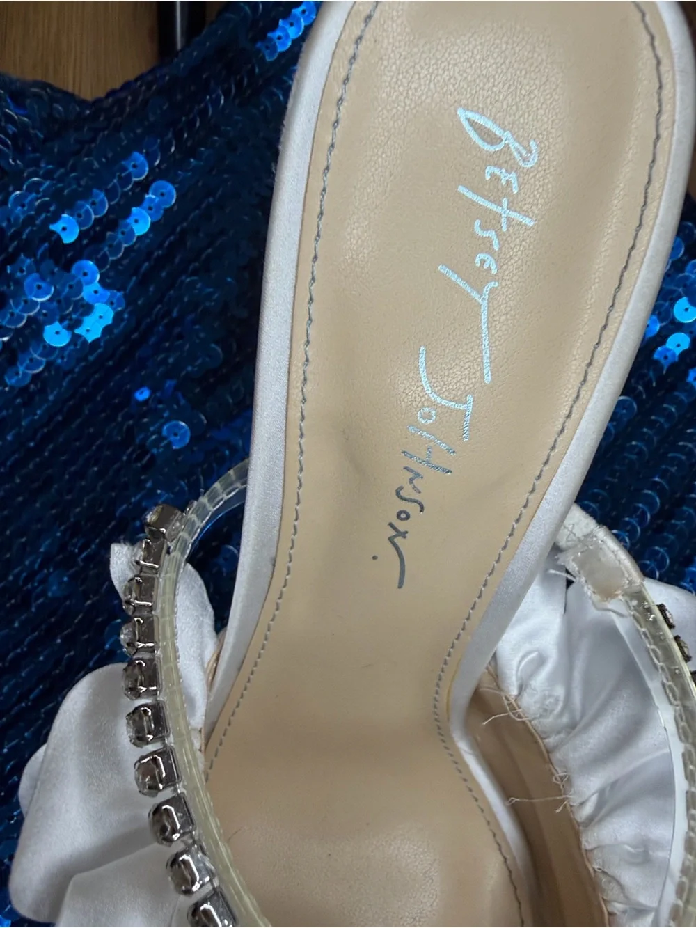 Beautiful Betsey Johnson White Satin Ruffle Mules with Rhinestone Straps